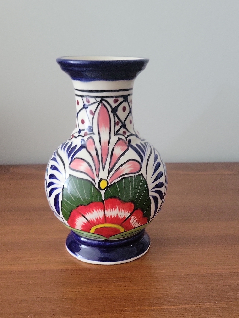 Vintage Blue, Red and Green Hand-Painted Floral Vase